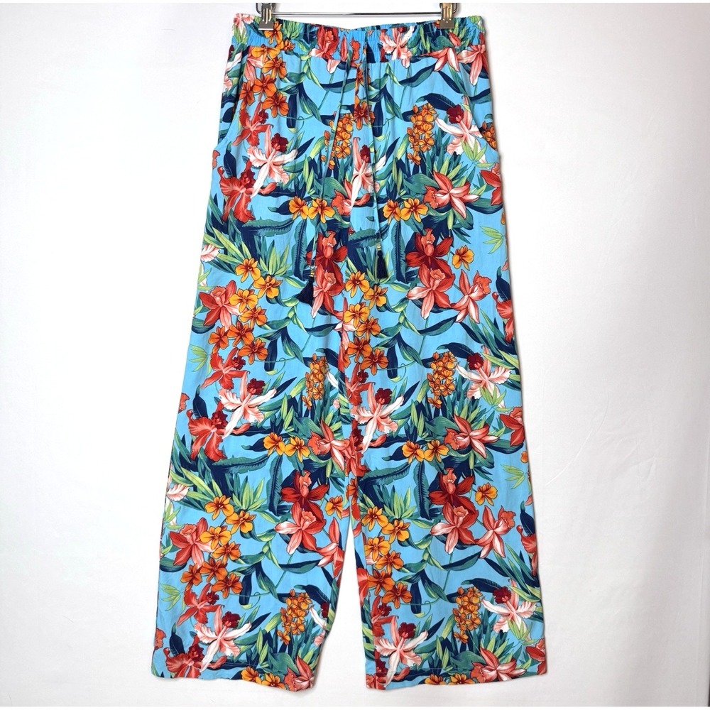 Tommy Bahama Floral Wide‎ Leg Pants Sz S Drawstring Pockets Turquoise Pull On